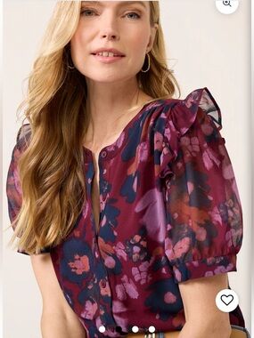 Evereve Plum Floral Button-Front Ruffle Sleeve Blouse - Large